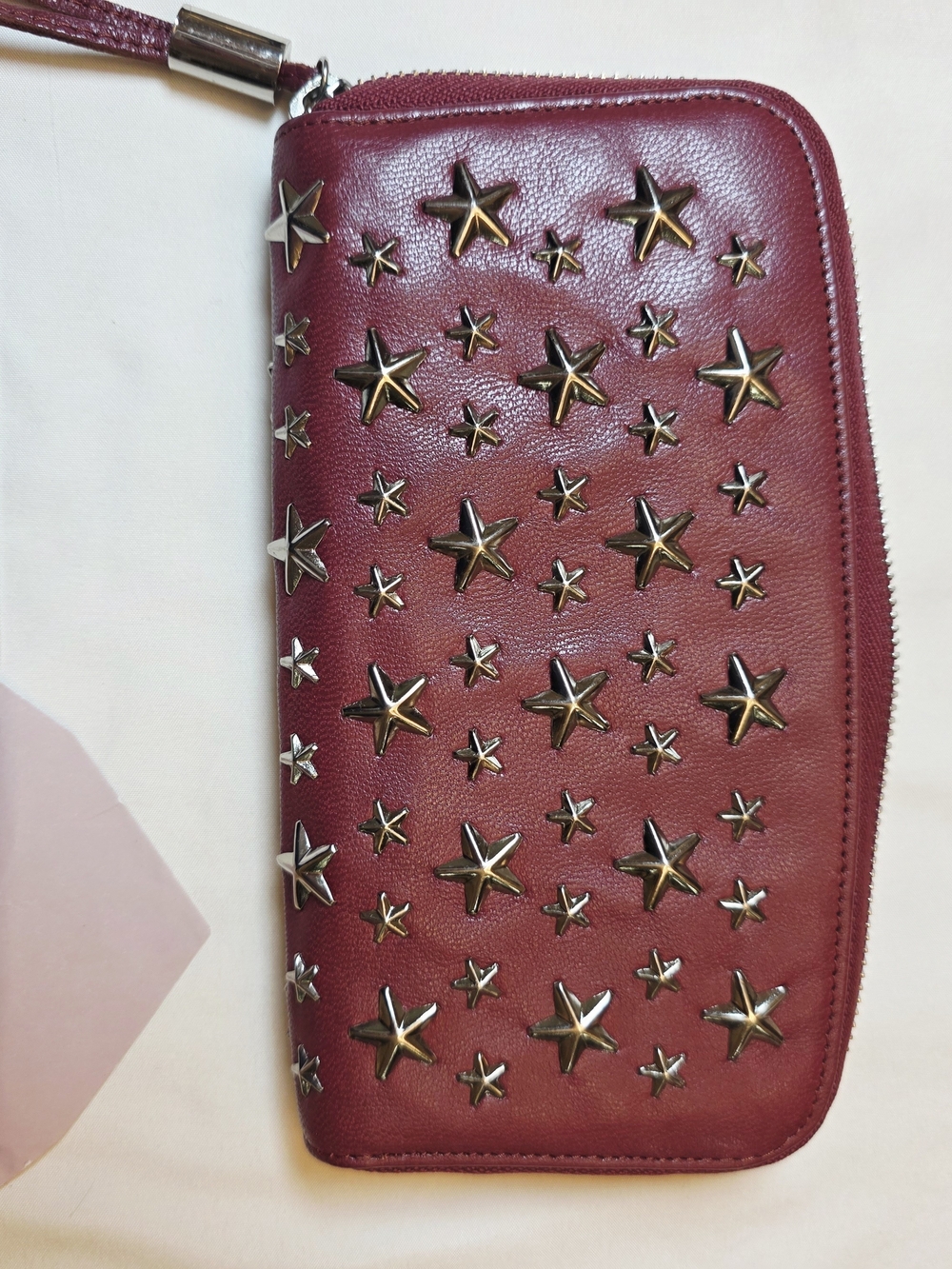 Jimmy Choo Star Studded Leather Zip Around Wallet Burgundy Red Wristlet Italy